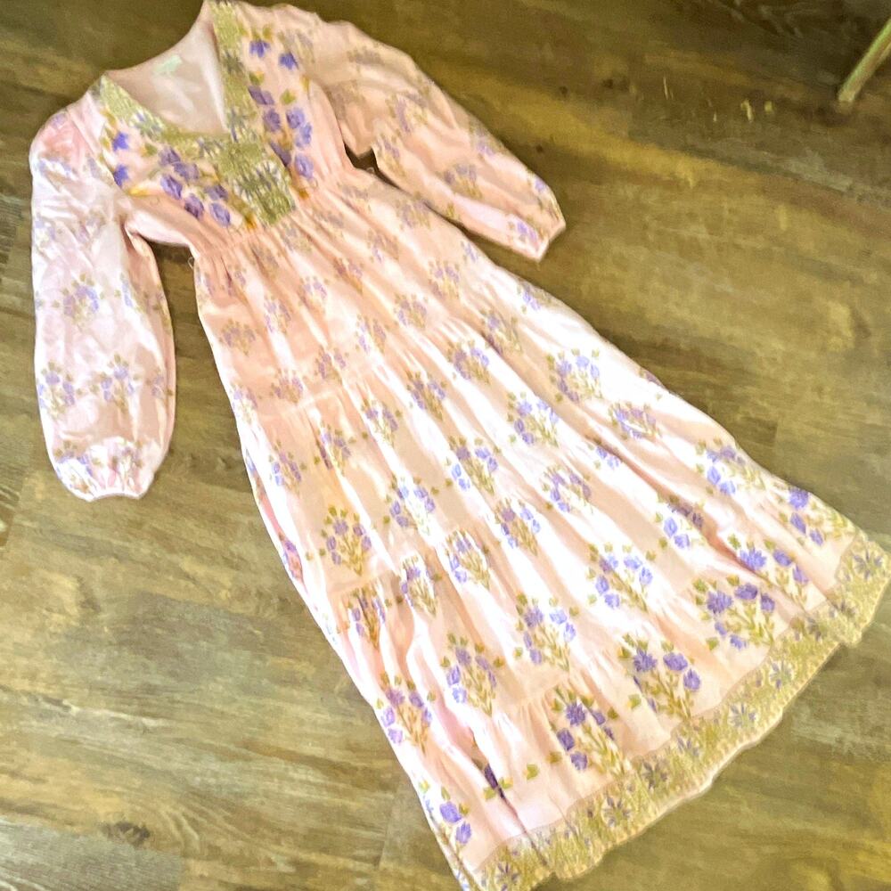 a loves a Pink Floral Embroidered V-Neck Puff Sleeve Maxi Dress | XS